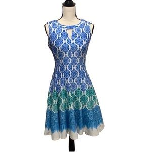 Gabby Skye geometric sleeveless blue white dress